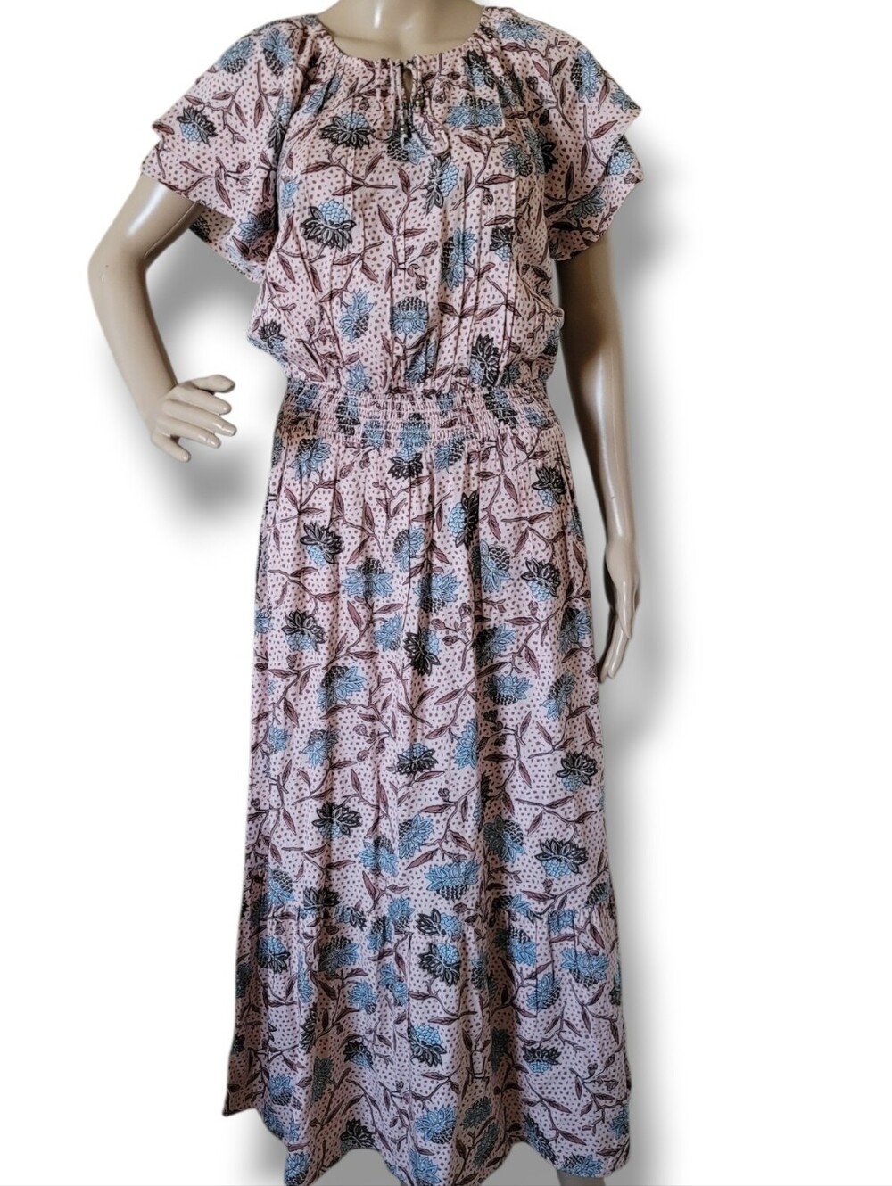 Destination 365 Smocked Maxi Dress Flutter Sleeve S Pink Floral Pockets QVC